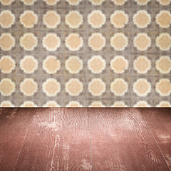 Image showing Wood table top and blur vintage ceramic tile pattern wall