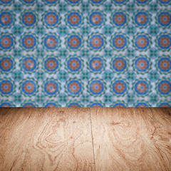 Image showing Wood table top and blur vintage ceramic tile pattern wall