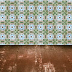 Image showing Wood table top and blur vintage ceramic tile pattern wall