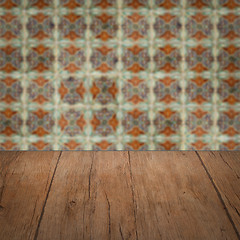 Image showing Wood table top and blur vintage ceramic tile pattern wall