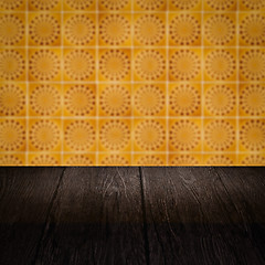 Image showing Wood table top and blur vintage ceramic tile pattern wall