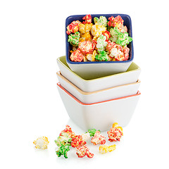 Image showing Pile of ceramic bowls of popcorn