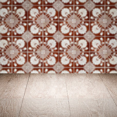 Image showing Wood table top and blur vintage ceramic tile pattern wall