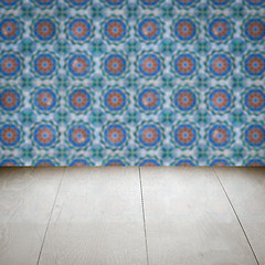 Image showing Wood table top and blur vintage ceramic tile pattern wall