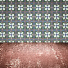 Image showing Wood table top and blur vintage ceramic tile pattern wall