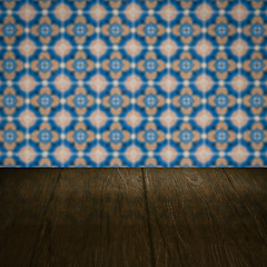 Image showing Wood table top and blur vintage ceramic tile pattern wall