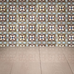 Image showing Wood table top and blur vintage ceramic tile pattern wall