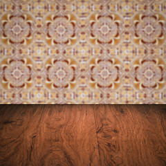 Image showing Wood table top and blur vintage ceramic tile pattern wall