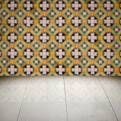 Image showing Wood table top and blur vintage ceramic tile pattern wall