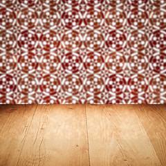 Image showing Wood table top and blur vintage ceramic tile pattern wall