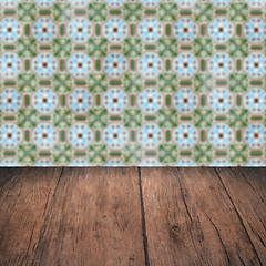 Image showing Wood table top and blur vintage ceramic tile pattern wall