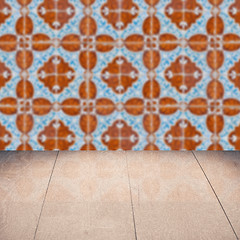 Image showing Wood table top and blur vintage ceramic tile pattern wall