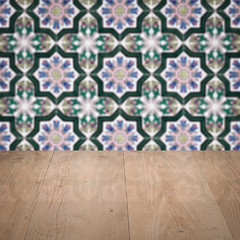 Image showing Wood table top and blur vintage ceramic tile pattern wall