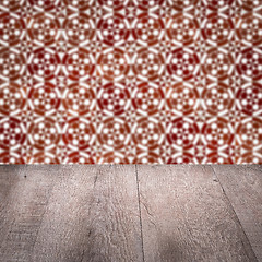 Image showing Wood table top and blur vintage ceramic tile pattern wall