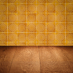 Image showing Wood table top and blur vintage ceramic tile pattern wall