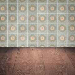 Image showing Wood table top and blur vintage ceramic tile pattern wall