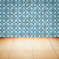 Image showing Wood table top and blur vintage ceramic tile pattern wall