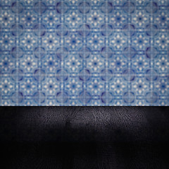 Image showing Wood table top and blur vintage ceramic tile pattern wall