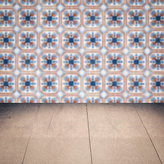 Image showing Wood table top and blur vintage ceramic tile pattern wall