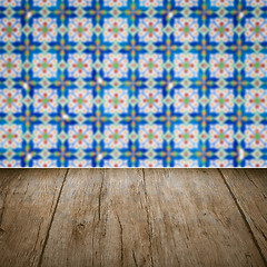 Image showing Wood table top and blur vintage ceramic tile pattern wall