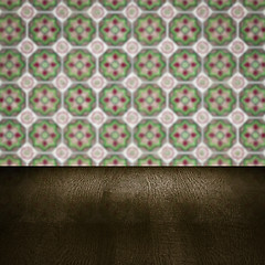 Image showing Wood table top and blur vintage ceramic tile pattern wall