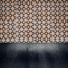 Image showing Wood table top and blur vintage ceramic tile pattern wall