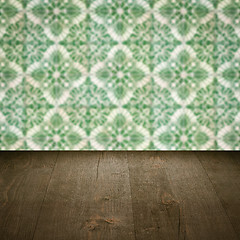 Image showing Wood table top and blur vintage ceramic tile pattern wall