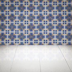 Image showing Wood table top and blur vintage ceramic tile pattern wall