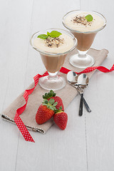 Image showing Chocolate mousse and strawberries