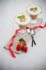 Image showing Chocolate mousse and strawberries