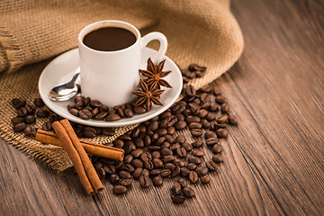 Image showing Coffee cup with burlap sack