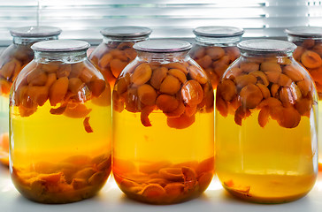 Image showing Home canning: large glass cylinders with apricot compote.