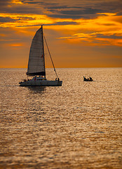 Image showing Catamaran Sailboat on a Tropical Sea at Sunset