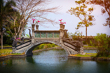 Image showing Ornate Bridge with Dragon Motif at Tirta Gangga in Indonesia