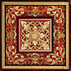 Image showing Beautiful, Symetrical, Hand Carved and Painted, Wooden Relief