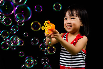 Image showing Asian Chinese Little Girl Playing Soap Bubbles