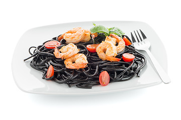 Image showing Black spaghetti with shrimps