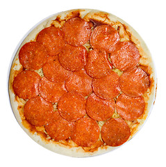 Image showing Uncooked pepperoni and cheese pizza

