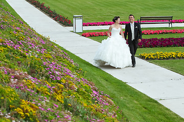 Image showing Bride and groom walking on pathway