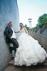 Image showing Newlyweds posing on stone steps