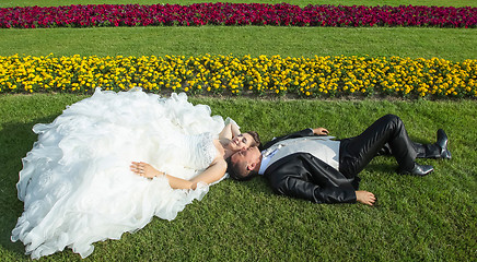 Image showing Bride and groom lying on lawn