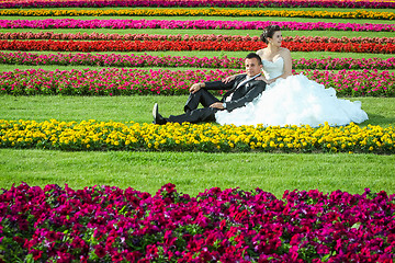 Image showing Bride and groom sitting on lawn with flowers