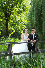 Image showing Bride and groom posing in nature