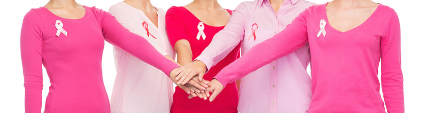 Image showing close up of women with cancer awareness ribbons