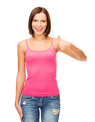 Image showing woman in blank pink shirt showing thumbs up