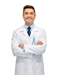 Image showing happy doctor with prostate cancer awareness ribbon