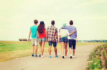 Image showing group of teenagers walking outdoors from back