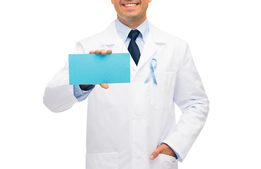 Image showing happy doctor with prostate cancer awareness ribbon