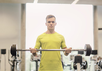 Image showing man doing exercise with barbell in gym