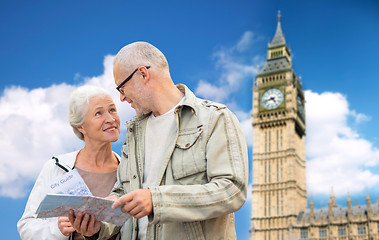 Image showing senior couple with map over london big ben tower
